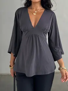 Women's V Neck Ruched Batwing Sleeve Fall Winter Y2k Casual Basic Tee, Lady Comfortable Long Sleeve Top Casual Boho Sleeve