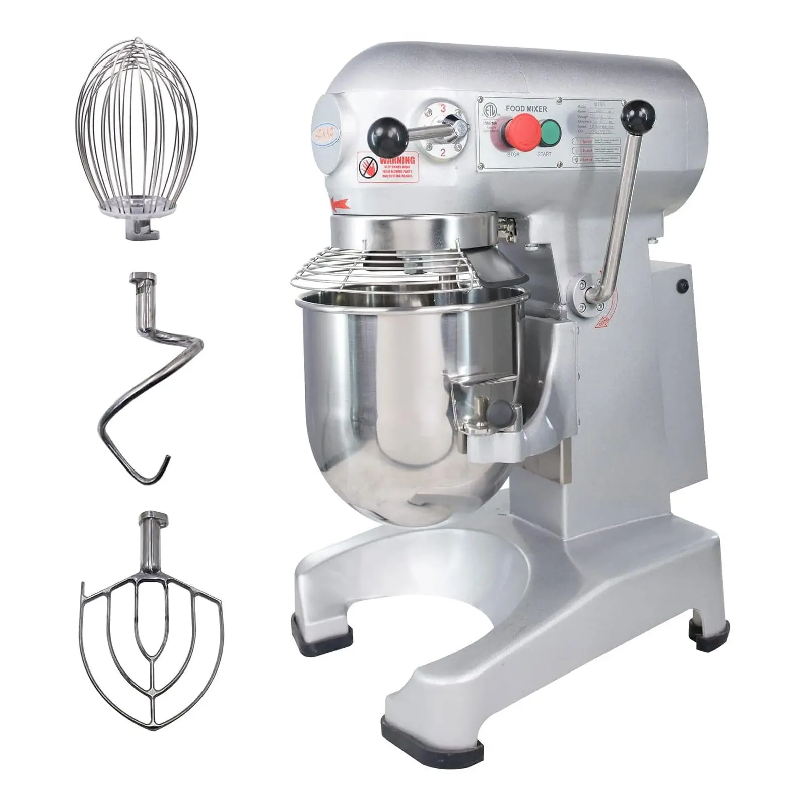 Hakka 10QT Commercial Planetary Stand Mixer, 500W 3-Speed Knob Control for Restaurants, Built-in Timer, Automatic Shut-Off, 1.5 kg Flour Capacity, ETL Certified, Dough Hook, Flat Beater & Wire Whisk for Food Preparation Tasks