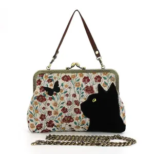 Black Kitty Embroidered Kisslock Bag