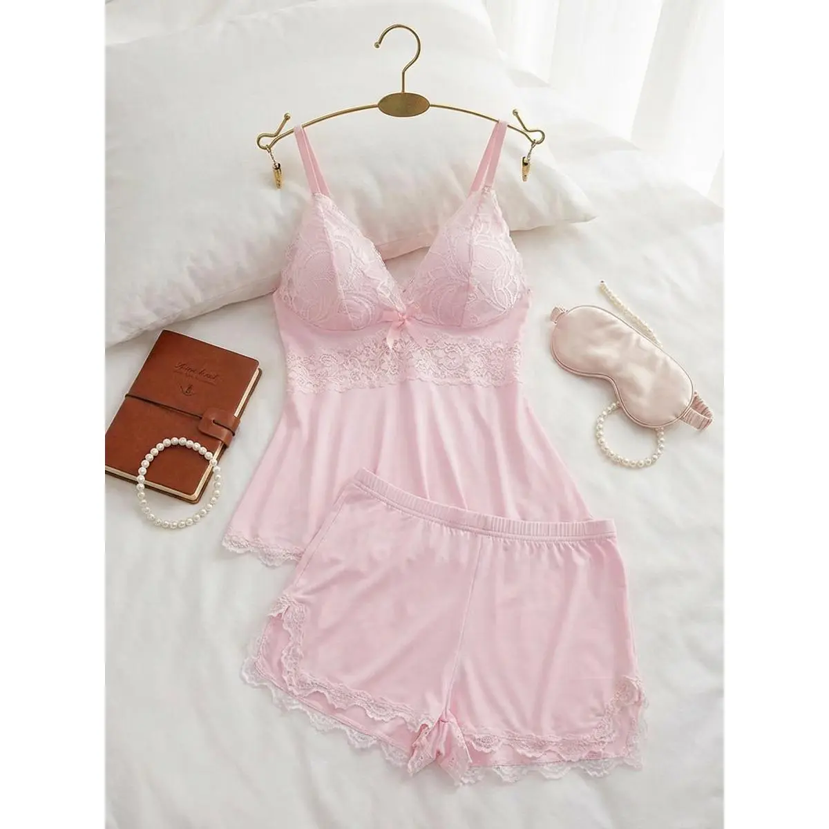Women's Solid Color Lace Trim 2-Piece Spaghetti Strap Cami & Shorts Pajama Set - Cute Basic Soft Breathable Lingerie, Casual Comfy All-Season Sleepwear