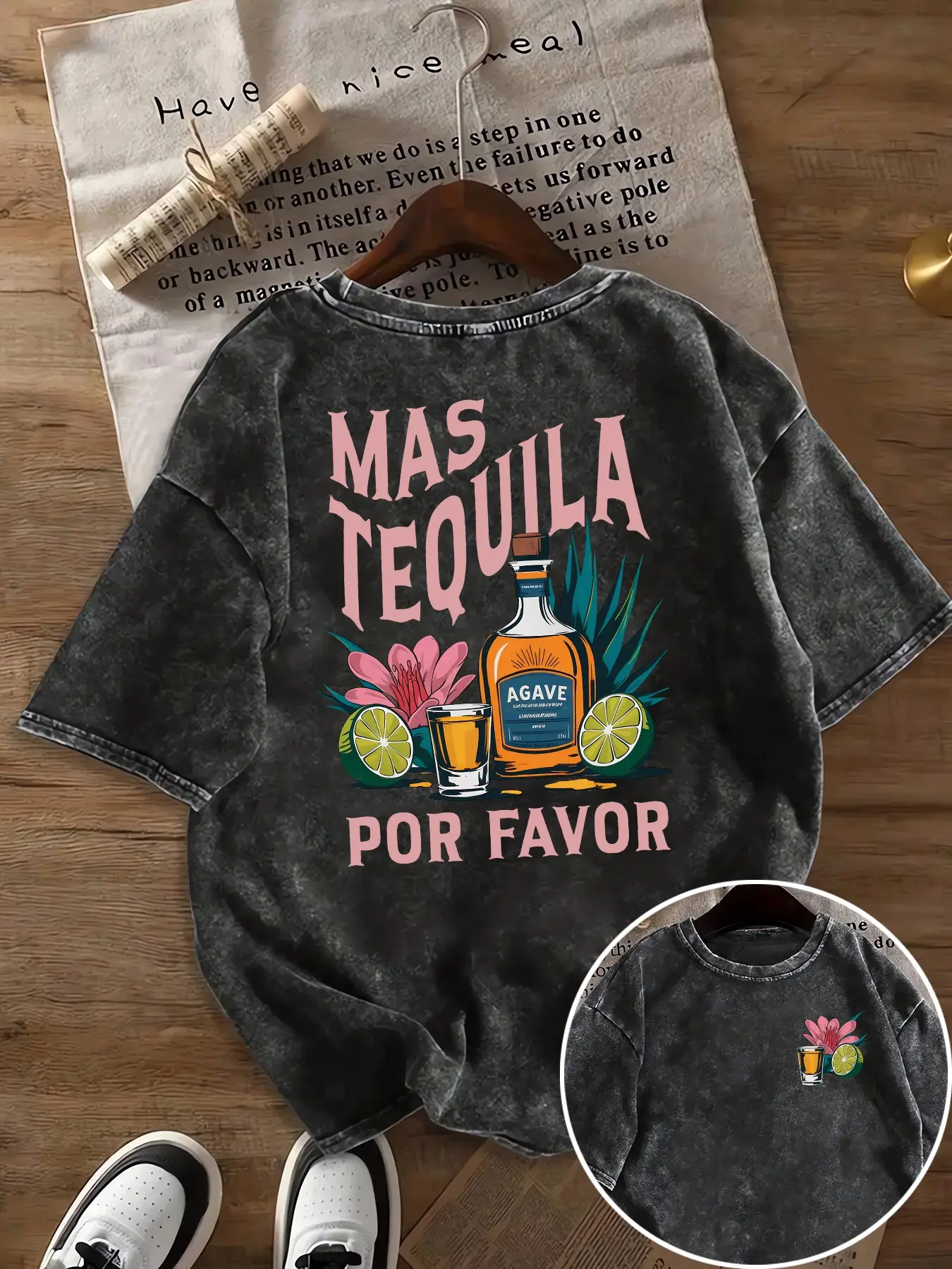 Tequila Print Oversized Loose Fit Baggy Casual T Shirts Washed Round Neck Women's T-Shirt, Summer Fashion Top, Casual Trendy Tee, Comfortable and Stylish Ladies Tee