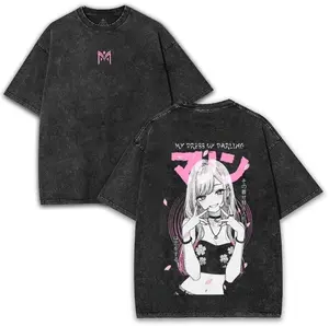 My Dress-Up Darling Marin Kitagawa 260GSM Heavyweight Washed Oversized T-Shirt, Pink Sakura Back Print Anime Waifu Graphic Tee, Cotton Streetwear Unisex Couple Top for Anime Collectors Fans