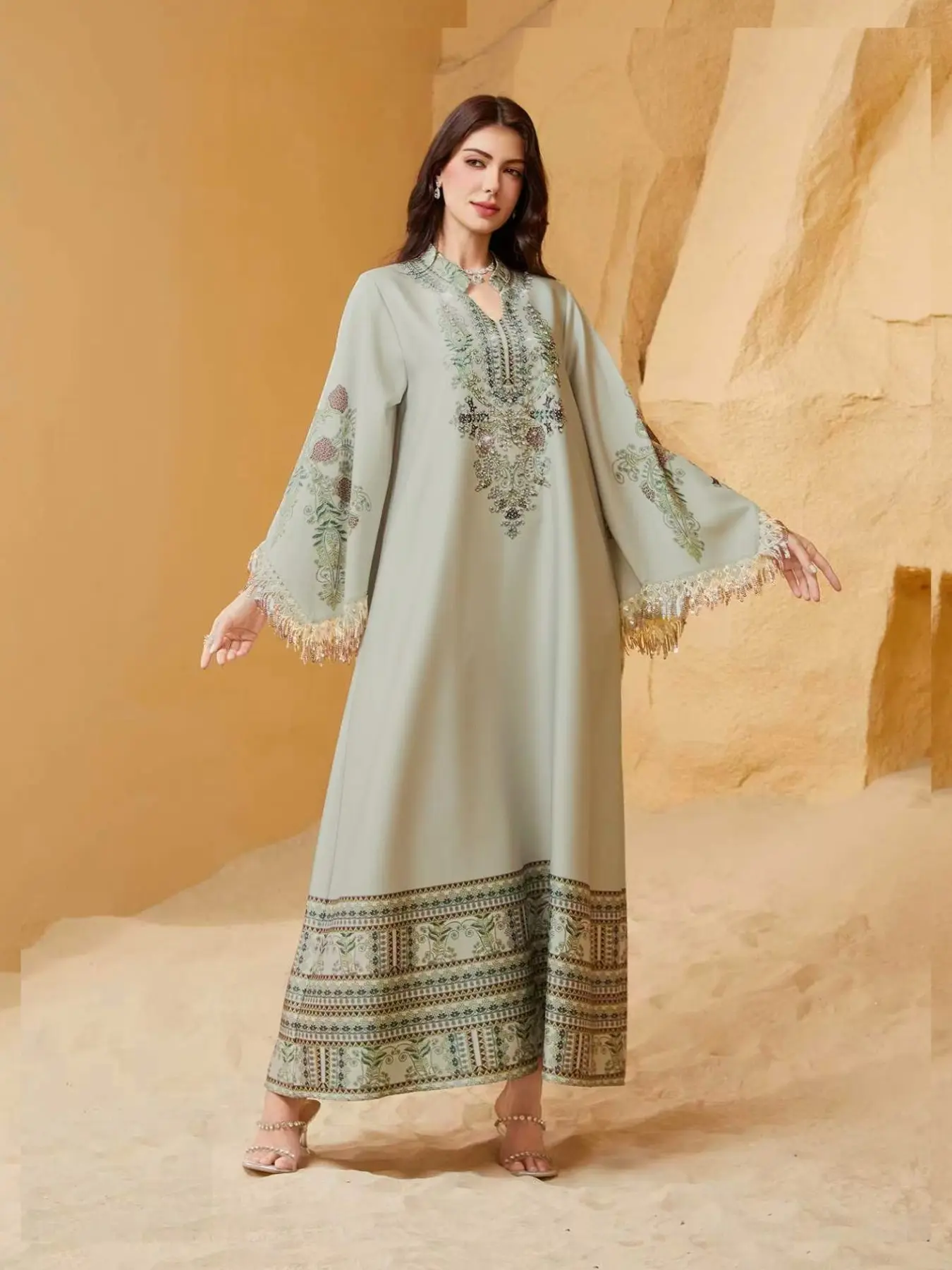 Women's Elegant Long Dress, Loose Fit Ethnic Print, Long Sleeve, Lace-Up Design, All-Season Wear, Perfect for Evening Occasions & Special Events, Dresses for Party