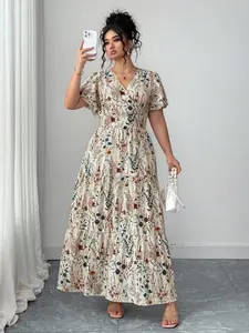 Elegant Plus Size Women's Floral Jacquard Square Neck High Waist Long Dress, Casual Button Front, Spring & Fall Fashion, Womenswear