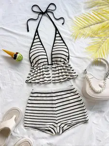 Women's Spring Summer Sexy Feminine Colorblock Backless Bow Tie Ruffle Top and Shorts Set, Striped Pineapple Beach Vacation, Breathable Ribbed Set