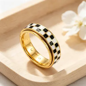 Gold Plated Copper Rotatable Spinner Ring, Black White Checkerboard Enamel Inlay, Minimalist Wide Stress Relief Fidget Band, Unisex Stackable Couple Daily Jewelry Gift