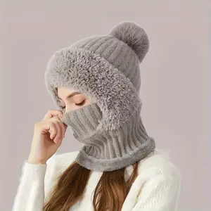 【FaddishDeal】1PC Womens Knit Beanie Hat Fleece Lined Winter Scarf Mask Set Snow Caps Plush Earmuff Skull Hats with Pompom.