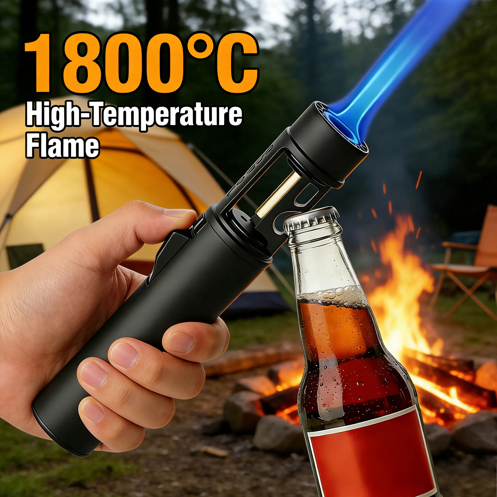 Windproof Heavy-Duty Metal Body Torch Lighter, Refillable Butane Jet Blue Adjustable Flame, 360° Ignition, 2-In-1 Bottle Opener (Butane Not Included, No Battery) for Camping, BBQ, Compact, Functional