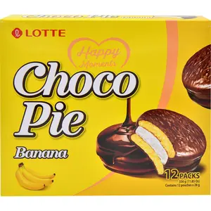 Lotte Banana Flavor Choco Pie - Sweet, Rich Chocolate Creamy Snack, Ambient 11.85oz Egg-Containing Cake-Inspired Dessert