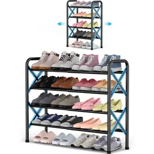 4-Tier Expandable Shoe Rack for Closet Floor, X-Frame Metal Small Shoe Rack for Entryway, Adjustable Shoe Shelf Organizer, Free Standing Shoe Racks for Front Door Entrance, Garage - Black