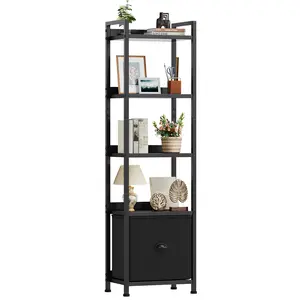 Slim Bookshelf with Fabric Drawer, Tall Narrow Wood & Metal Storage Shelf Unit, Space Saving Bookcase for Living Room, Bedroom, Office