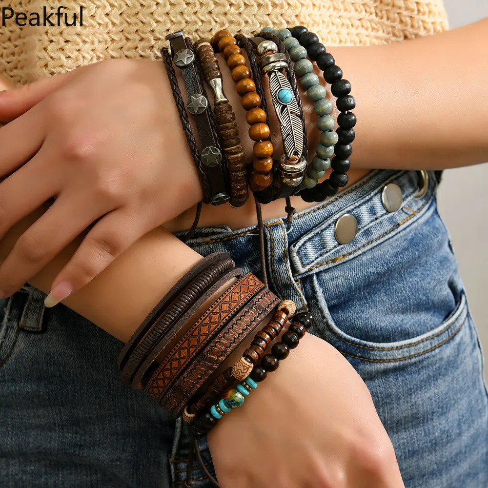 Hat Vintage Feather Casual  Handmade Men Bracelets Male Women Leather Bracelets Men Bangle Wholesale Jewelry Gift