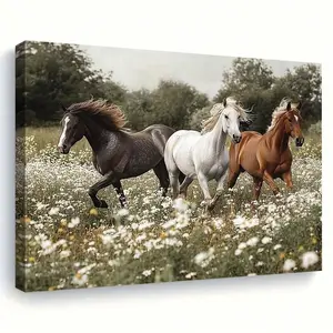 Majestic Wild Horses Running Through Daisy Field Canvas Wall Art for Living Room & Bedroom Decor - Framed Equine Nature Animal Print on Stretched Canvas Outdoors Ornaments