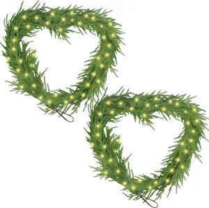 2Pcs 6FT Christmas Norfolk Pine Garland with Light, Lighted Real Touch Norfolk Pine Garland, Artificial Greenery Garlands for Indoor Outdoor Fireplace Wall Stairs Table Xmas Decor