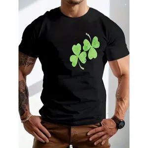 Men'S Black T-Shirt with Two Green Four-Leaf Clovers | Casual, Crew Neck, Regular Fit, Slight Stretch Fabric, Perfect for Summer, St Patrick'S Day Fashion