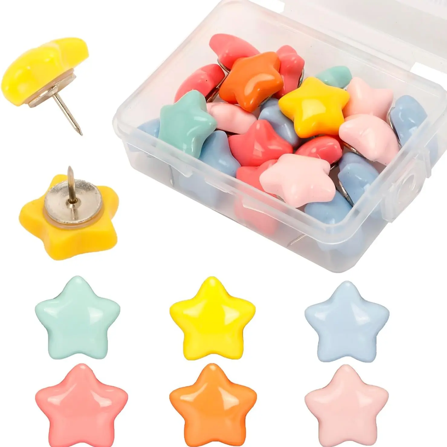 Star Shape Multi-Color Push Pins, Plastic Glitter Thumb Tacks Cute Decorative Star Shape Design Drawing Pins for Corkboard Friendly Wall Hanging Calendar Photo Bulletin Board Map Office, Home Use, Home Decor Wall Decoration