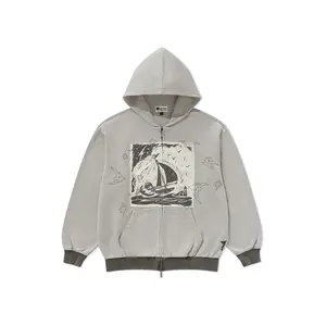 POP MART Hirono Living Wild - Freedom Island Storm Applique Cardigan Sweatshirt Washed Grey