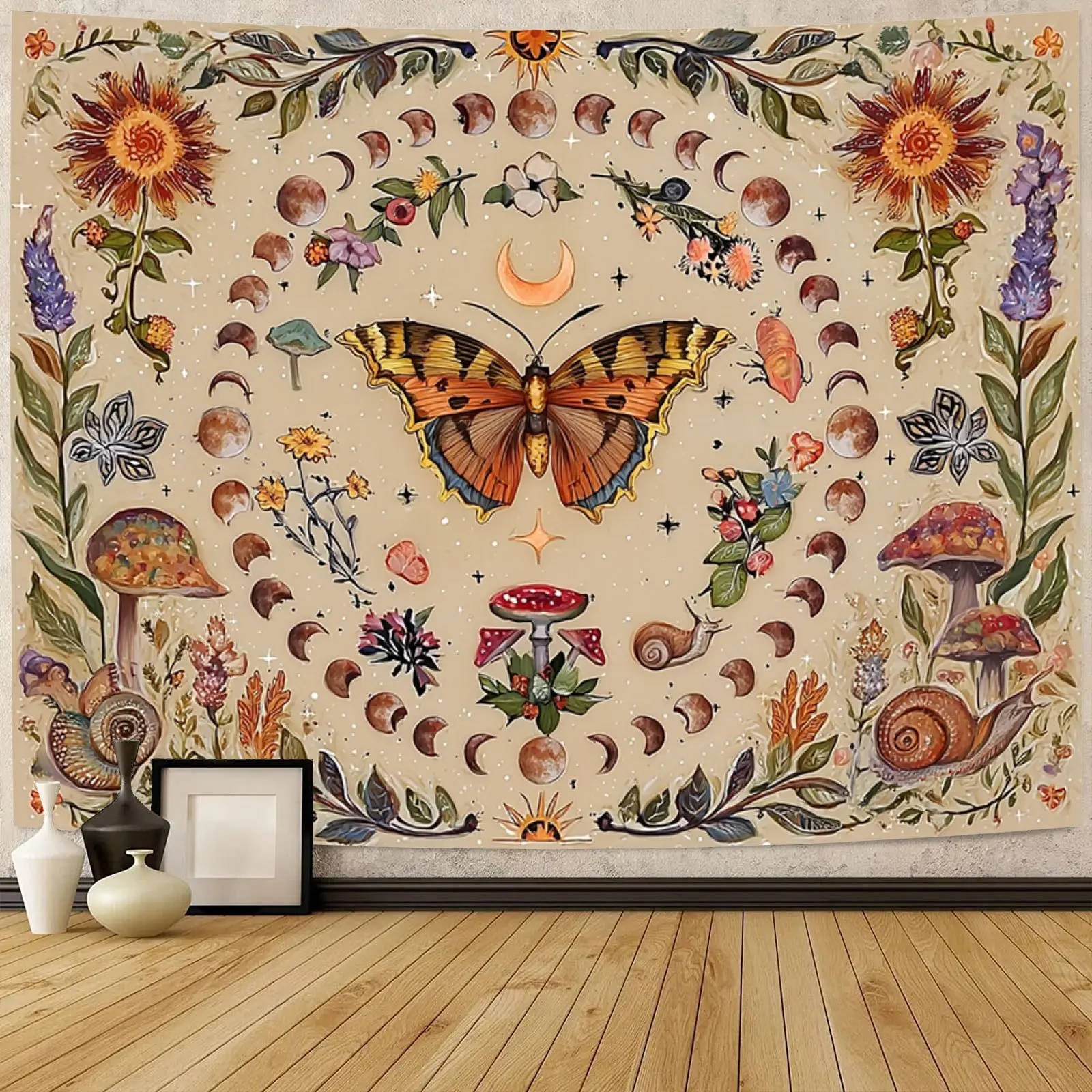 Boho Vintage Sun & Moon Polyester Artistic Tapestry - Large Colorful Full Print Garden-Themed Artwork, Oversized Wall Hanging with Butterflies, Flowers for Bedroom, Living Room Home Decor, Artistic Tapestry Tapestries