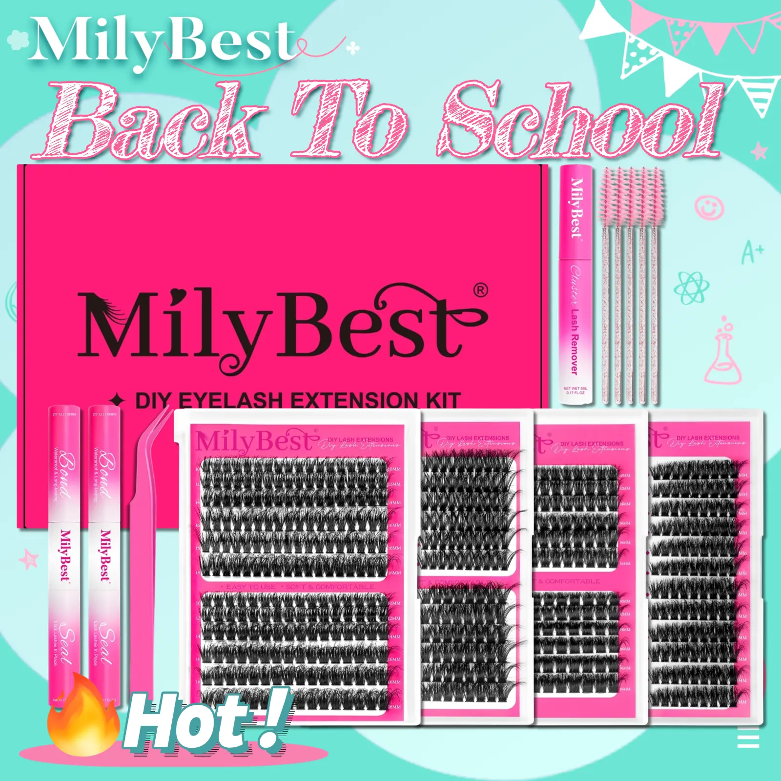 MilyBest 4 Styles Lash Clusters Kit, 864 Pcs D Curl Volume Lashes | Wispy bulk individual eyelash extensions with 2 bond and seal glue for DIY variety lash maps and salon-style looks,back to school