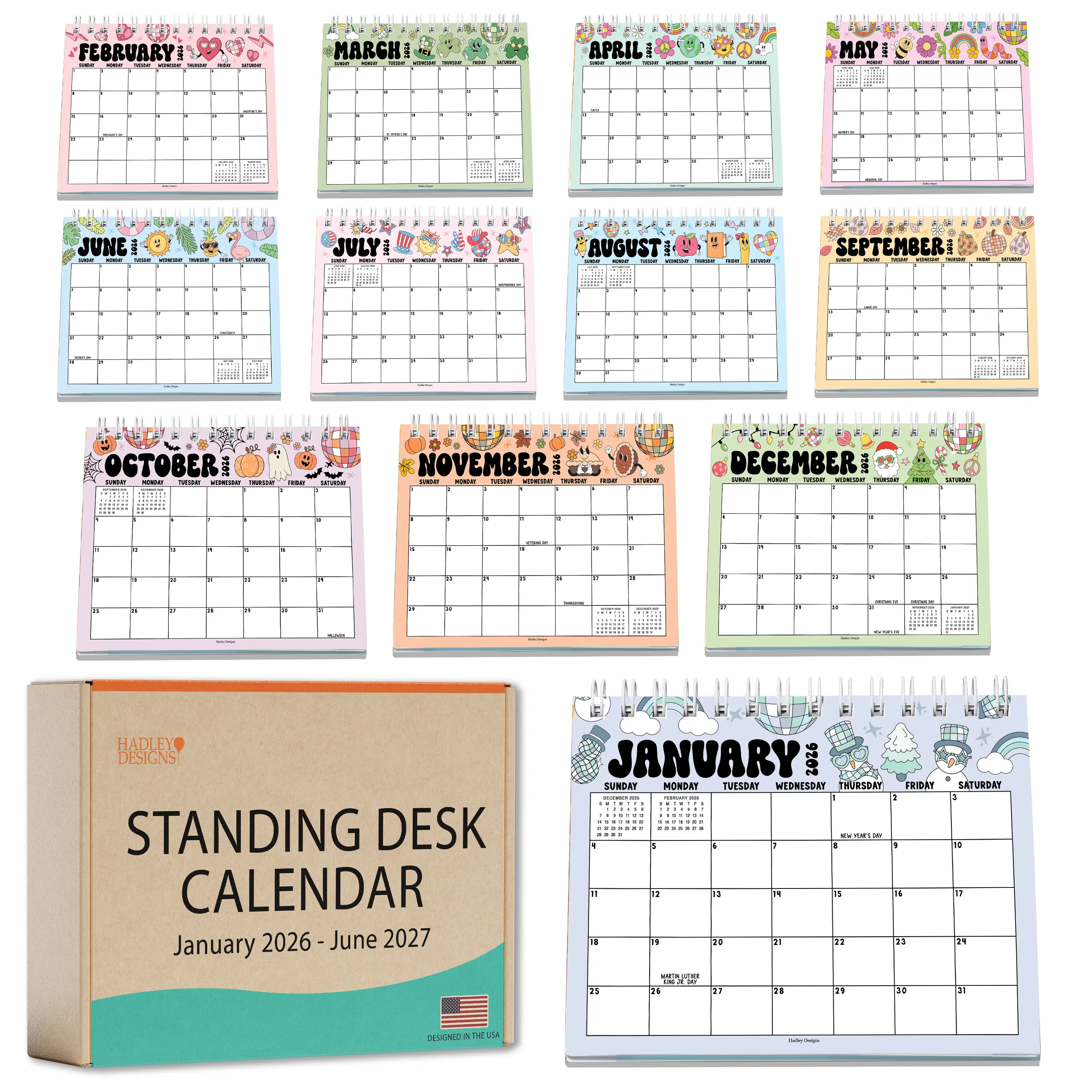 Hadley Designs 2026-2027 6x8-in Standing Flip Planner, Office Supplies with Cute Desk & Organization Elements, 18-Month Span American Design Aesthetic, Easy Page Flipping, Date Tracking for Home Office, Cute Desk Supplies, Desk Organization Supplies