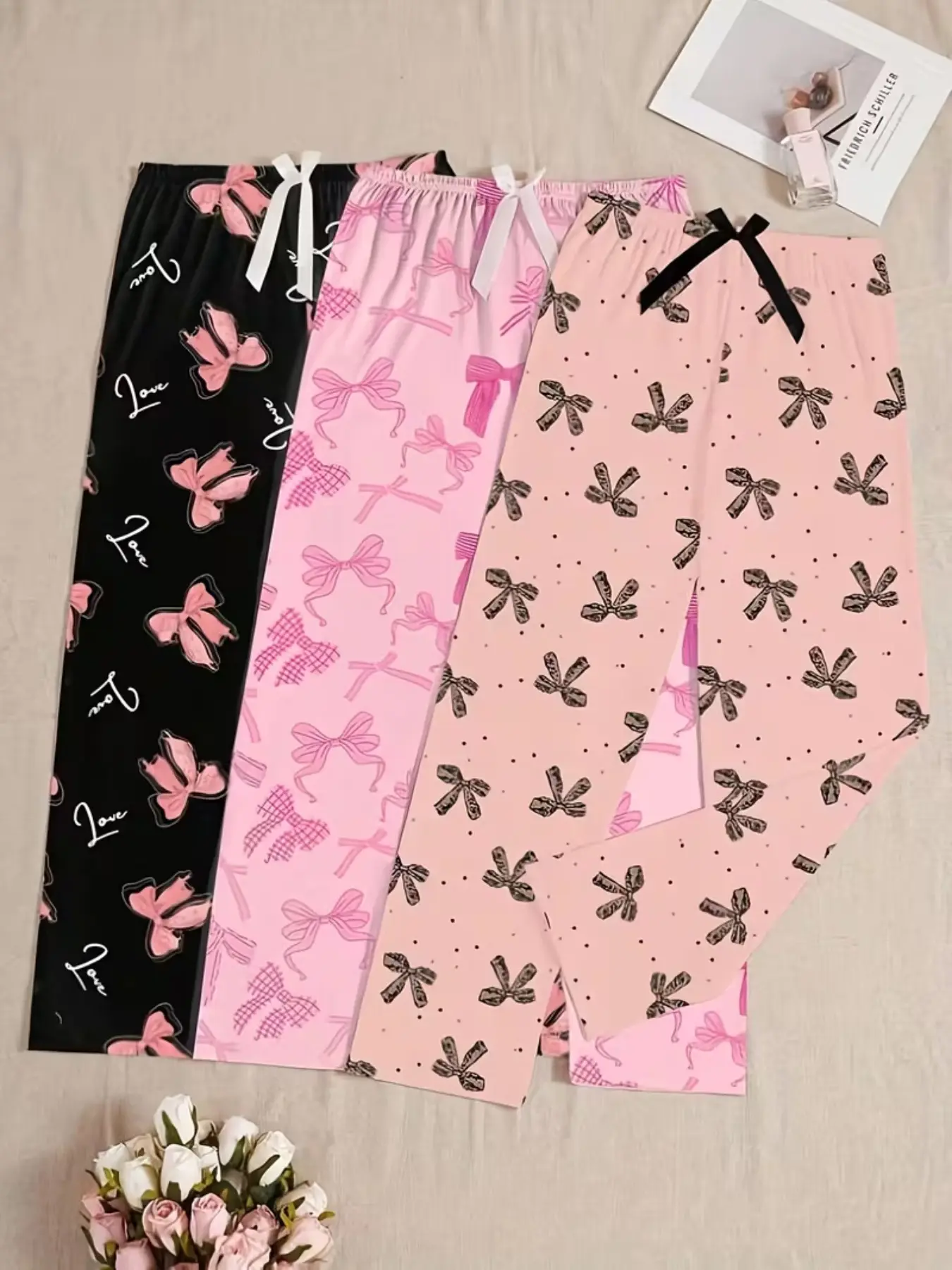 Women's Bowknot Love Print Sleepwear Set, Vintage Style Comfortable Fashion Pajamas, Cute Trendy Nightwear for Women, Loungewear