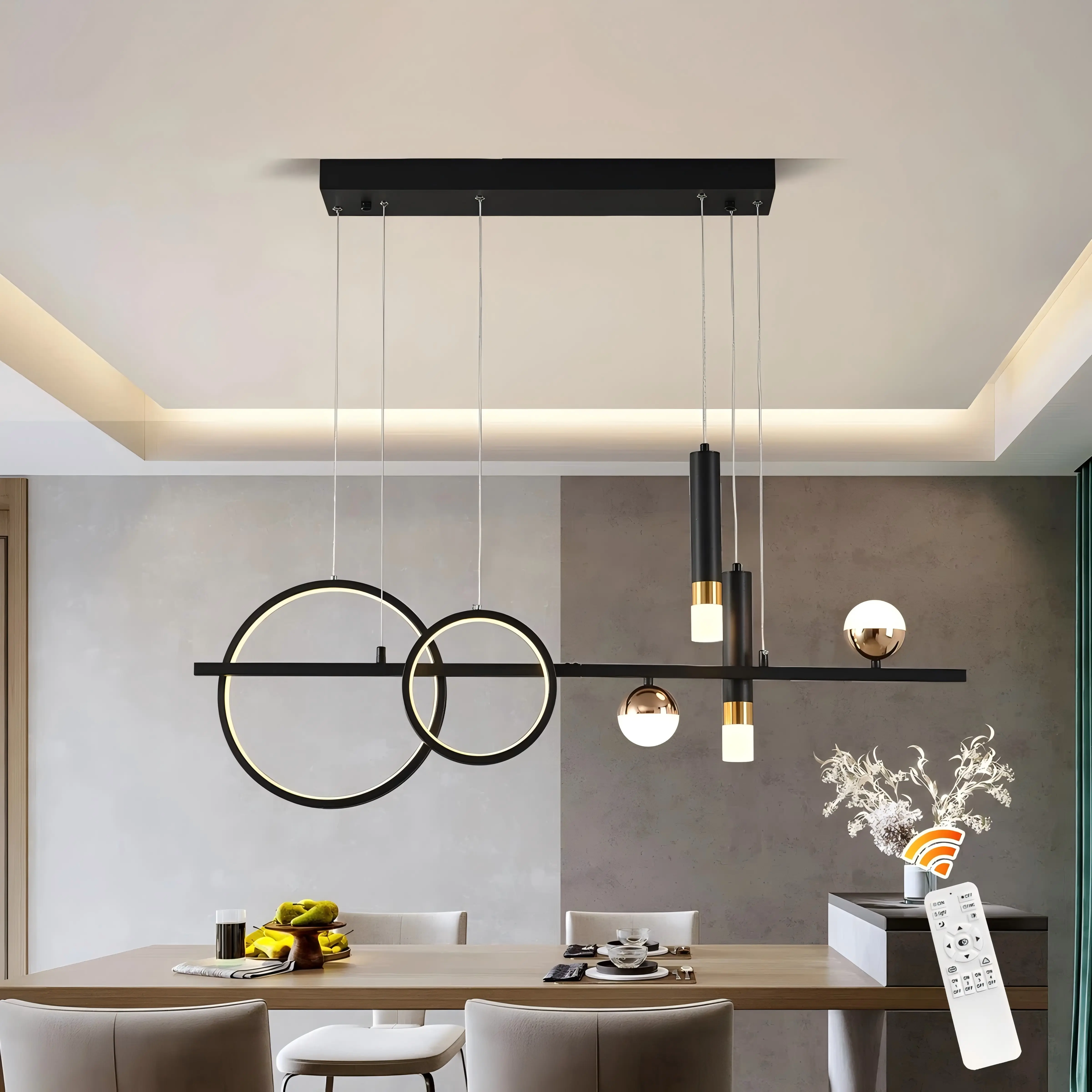 Garwarm Modern LED Pendant Light, Black Kitchen Island Linear LED Light Fixture, Dimmable Creative LED Chandelier, Hanging Light Fixture for Dining Room Kitchen Island Living Room Lamp