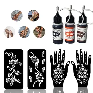 Temporary Tattoo Kit 8 Bottles ColorInks ,Stencils Kit for BodyPaint DlY Fake Tattoos for (black/red/ brown/)Makeup Cosmetic
