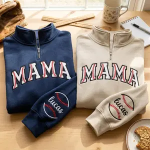 Embroidered Baseball Mama Quarter Zip Sweatshirt, Personalized Sports Mom Pullover