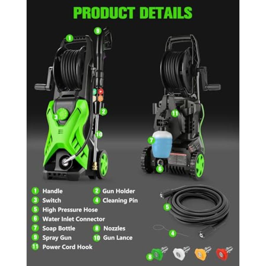 Electric Pressure Washer 2.8 GPM High Power Washer Adjustable Pressure 2500PSI-5000PSI with 33FT Extension Hose Reel 4 Nozzles