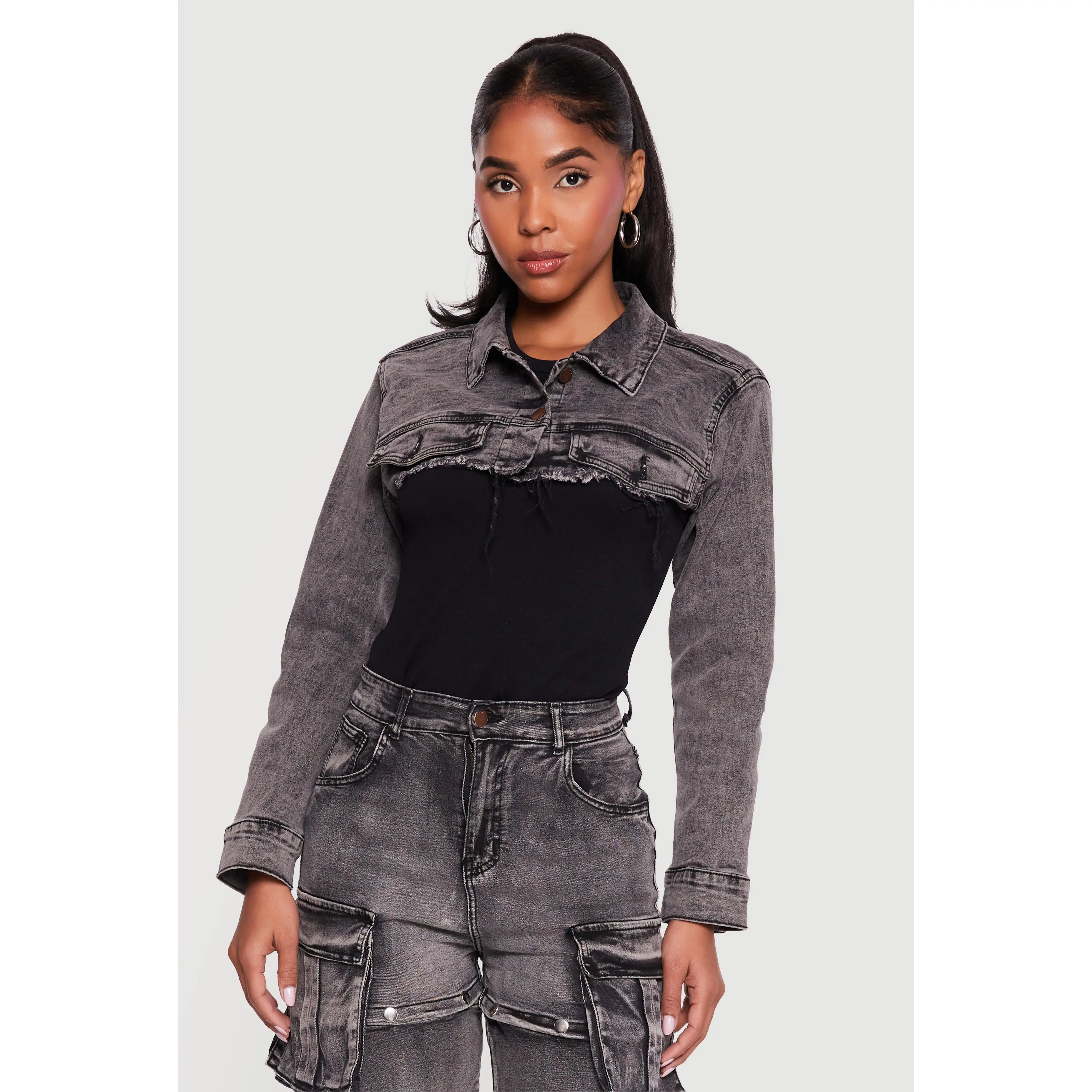 Stone Wash Frayed Denim Bolero Jacket