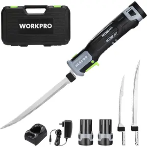 WORKPRO 12V Cordless Electric Fillet Knife with 8'' and 10'' Razor-Sharp Blades, Cordless Fillet Knife with Non-slip Grip Handle and Safety Lock, 2 Rechargeable Battery Packs, 1 Quick Battery Charger, and 1 Storage Carry Case for Fishing, Filleting, Outdo