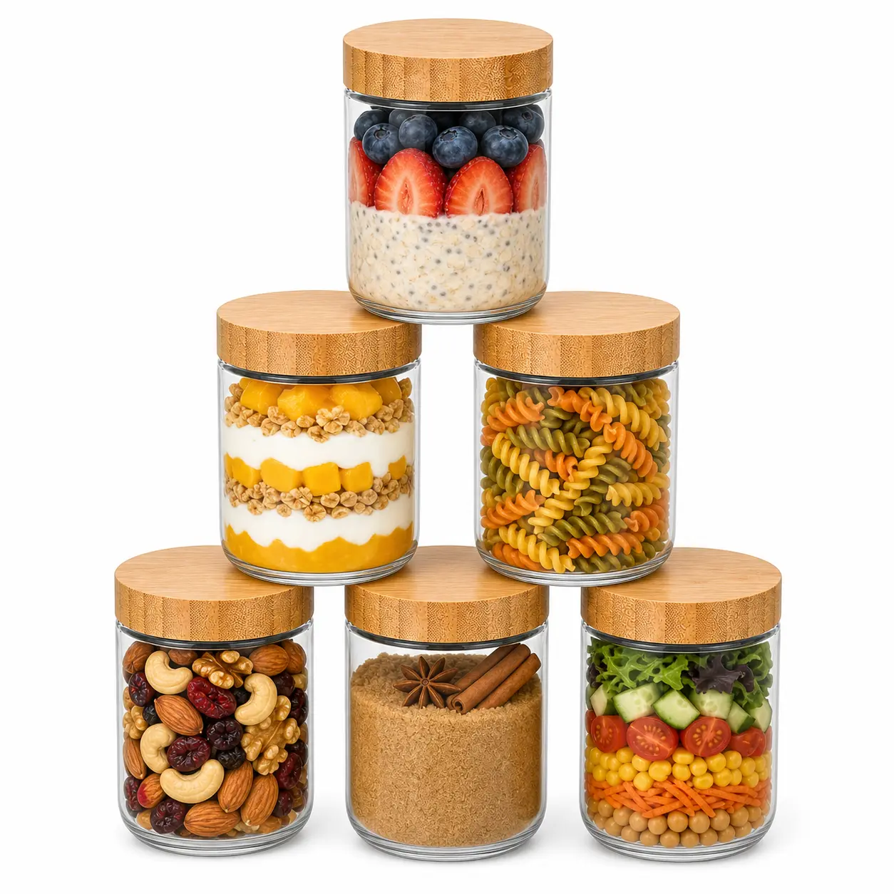 Glass Jars with Airtight Lids, 16oz Overnight Oats Containers with Bamboo Lids, 6 Pack Wide Mouth Mason Salad Jars, Glass Food Storage Containers for Spice Sugar Snacks Yogurt Meal Prep Kitchen