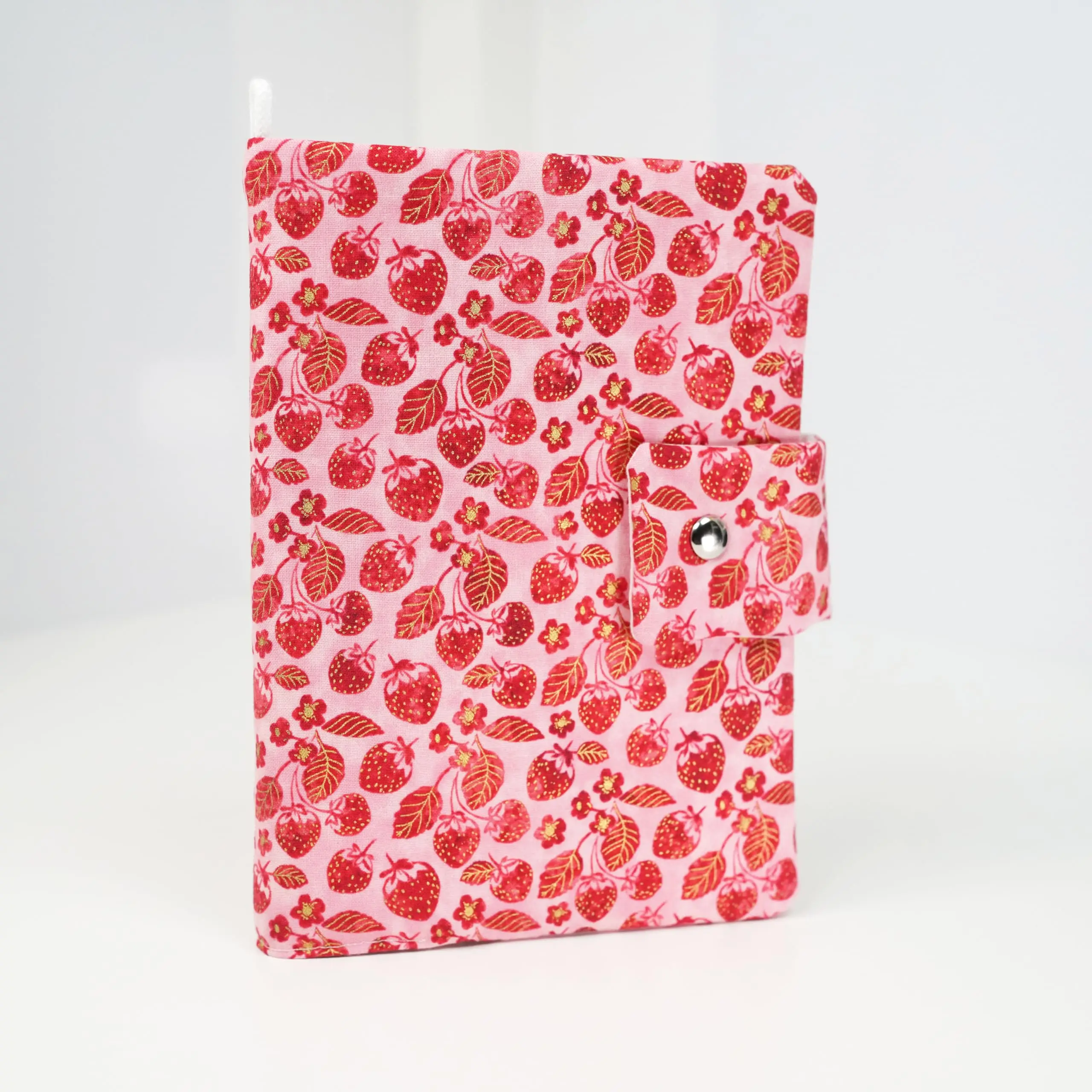 Strawberry Bunny A5 Fabric Journal Cover – Handmade Quilted Refillable Diary Sleeve – Limited Edition Gift for Stationery Lovers
