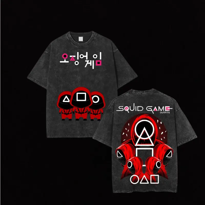 Frontman Dark Wash Squid Game Graphic Tee | Oversized Vintage Streetwear Cotton Shirt | Netflix Iconic Series Merch
