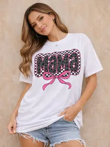 Pink Mama Coquette Bow T-shirt - Comfort Colors, Mama Checkered Shirt, Mama Varsity, Mother's Day, Cotton Fabric Soft Top Womenswear