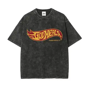 Vintage Acid Wash Graphic T-Shirt for Men & Women, Christian Streetwear Tee with 'God Heals' Print, Oversized Cotton Short Sleeve, Tshirt