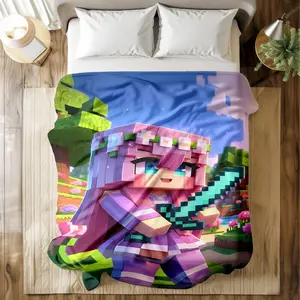 Minecraft - Style Flannel Printed Blanket with Pixel Art Girl Warrior Scene - Super Soft & Skin - friendly, Long - Lasting & Quick - Drying, Machine Washable, Multi - Size for Bed, Sofa, Travel, Camping & Office Naps, Ideal Gift for Gaming Fans