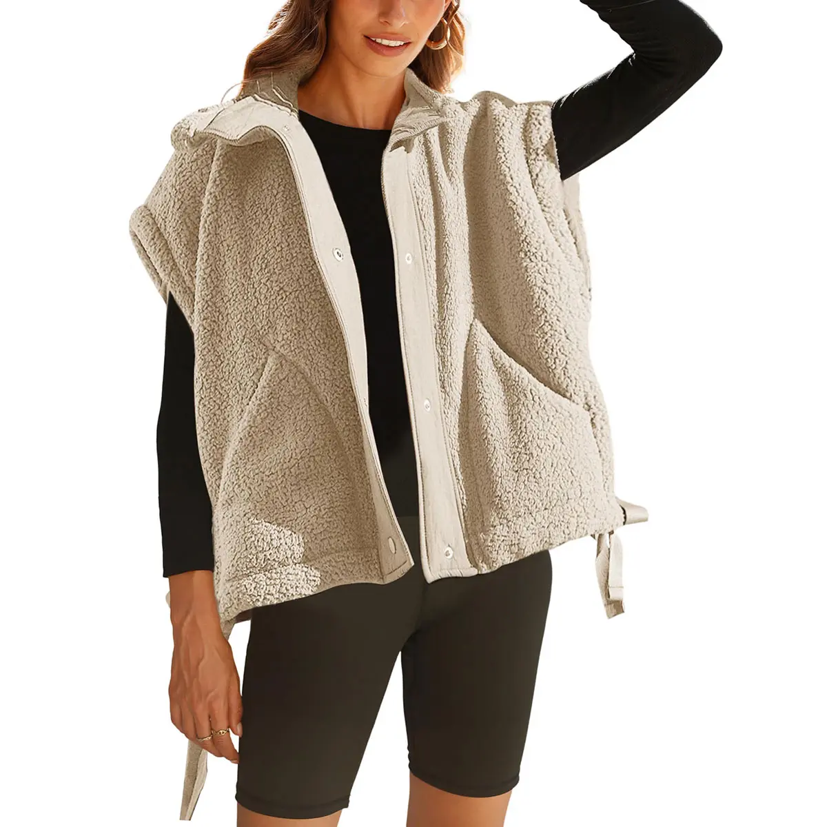 Women’s Oversize Polyester Sherpa Fleece Button Vest Tops - Solid Color Sleeveless Layering Clothes, Casual Winter Tops with Machine-Washable Design, Zip Pockets