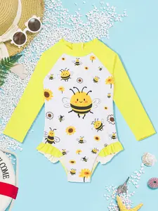 Girls' One-Piece Swimwear with Cute Bee Print, Zipper Design Swimsuit, Long Sleeve Style for Comfortable Beach Wear, Ideal for Swimming, Vacations & Summer