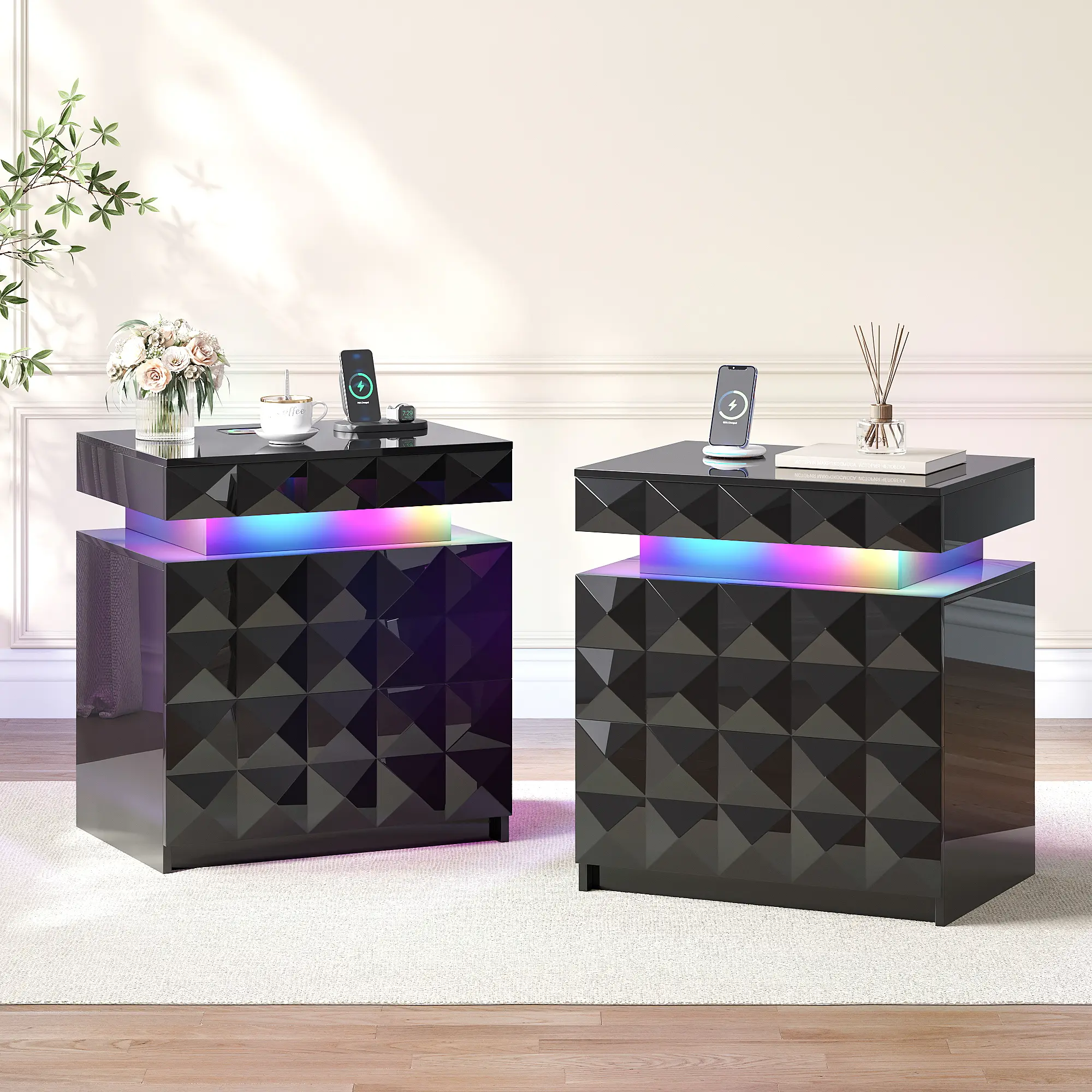 Dystler 2-Piece Geometric LED Nightstand Set, Bedside Storage Tables with Charging Station, Lockable Hidden Drawer Gun Safe, 3 Drawers, Smart RGB Human Sensor Lights, Type-C & USB Ports, Modern Multi-Port Bedroom Furniture (Assembly Required)