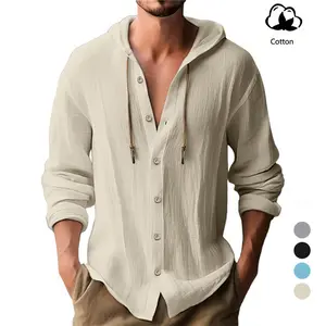 Men's Linen-look fabric Hooded Long Sleeve Lightweight Breathable Button-Up Shirt, Casual Fashion Tops For Daily Commute/Beach Vacation