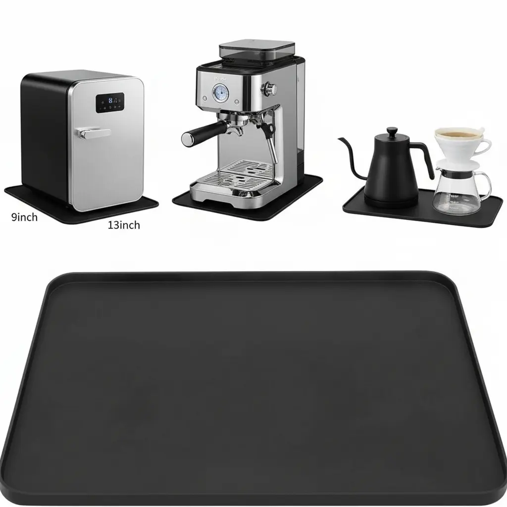 Camping Picnic Reusable Silicone Mat 13"x9" - Waterproof, Durable Refrigerator Mat, Silicone Trivet, Leakproof Drip Tray with Raised Edge for Mini Fridge, Washing Machine (Black)