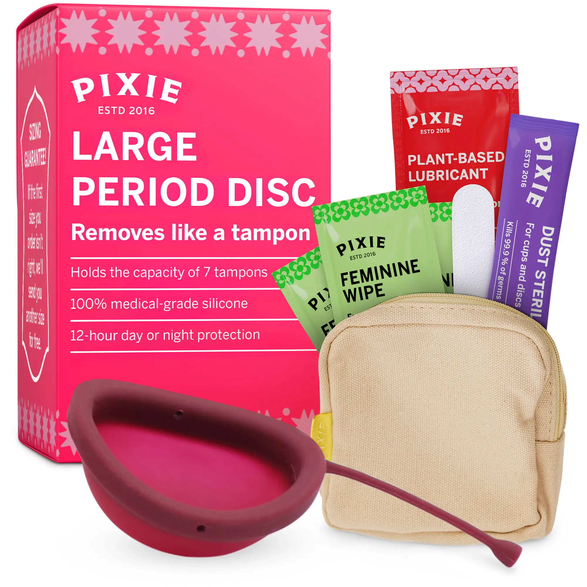 Pixie Menstrual Disc for Feminine Care - Ranked 1 for Best Tampon Alternative Period Disc - 100% Medical-Grade Silicone - Removes Like a Tampon - Wear 12 Hours - Capacity of 7 Tampons (Large, Plum)