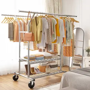Raybee 74" W Clothes Rack Heavy Duty ,Drying Clothes Rack with Wheels Load 630LBS, Double Rod Clothing Racks for Hanging Clothes, Adjustable Garment Rack for Clothes Storage Bedroom Closet Laundry Room, Commercial Portable