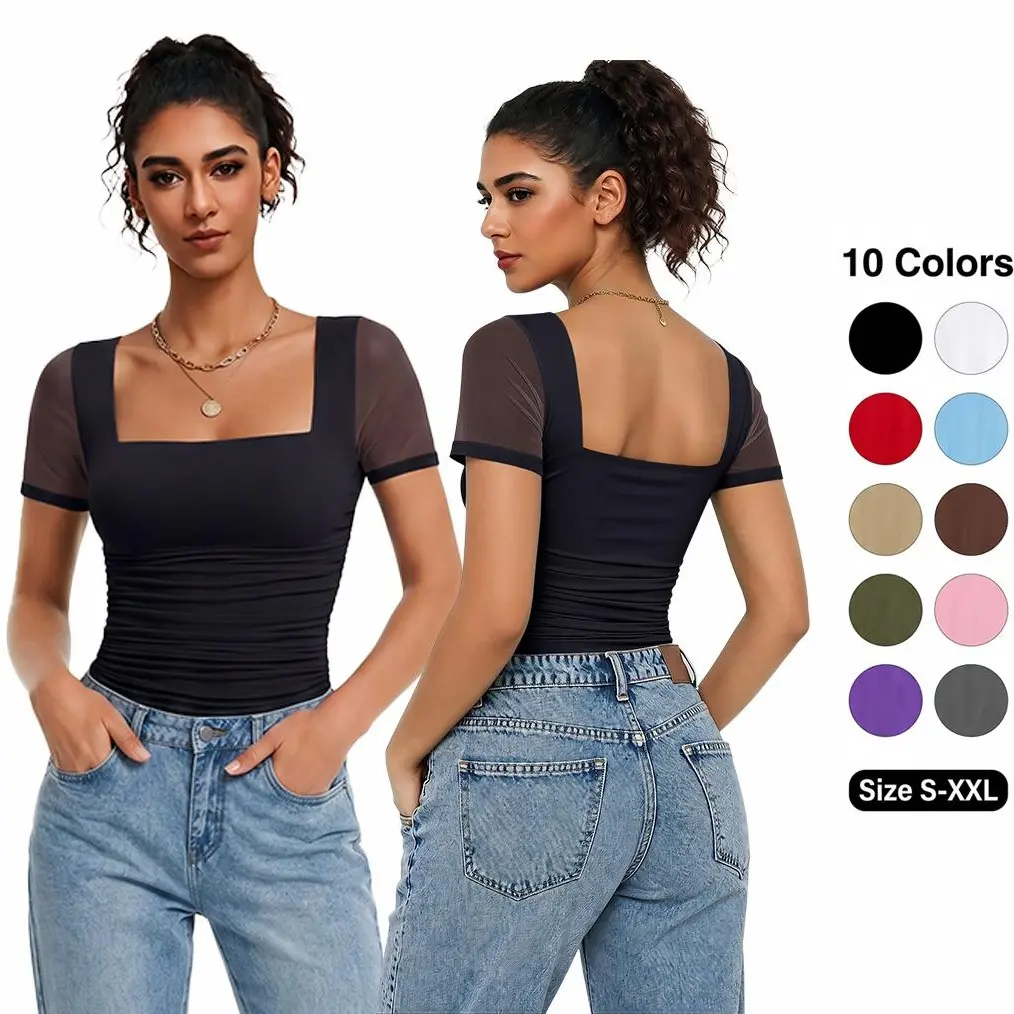 Avidlove Women's Square Neck Sheer Mesh Short Sleeve Bodysuit Ruched Going Out Sexy Thong Bodysuits Tops SpringStatements Basic