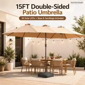 POUUIN 15FT Sturdy Double-Sided Solar Parasol - 36 Solar LED Lights, Crank-Operated Twin Market Umbrella, Stainless Steel Cross Base, 2 Fillable Sandbags, Adjustable Parasols Large Outdoor Shade, Beige Patio Furniture