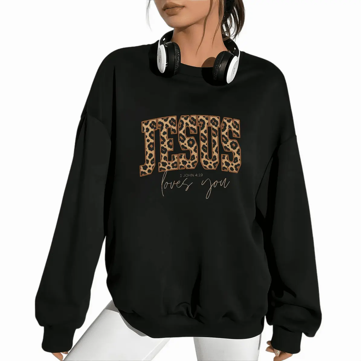 Women's Christian Graphic Pullover Hoodie Sweatshirt - Round Neck Longsleeves Cotton Blend Casual Faith Tops with Bible Verse, Cheetah Print for Vintage Party Wear, Crew Neck, Lightweight, Women's Hoodies, All Seasons, Comfy Ootd, Street, All Day Wear, Bi
