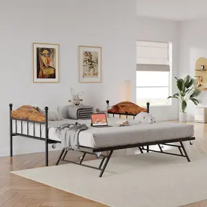 【GARVEE】Space-Saving Twin Metal Daybed with Pop-Up Trundle - Heavy Duty Steel Slats Platform Sofa Bed Frame - Convertible with Stylish Headboard & Under-Bed Storage - Ideal for Living Room, Bedroom, Guest Room