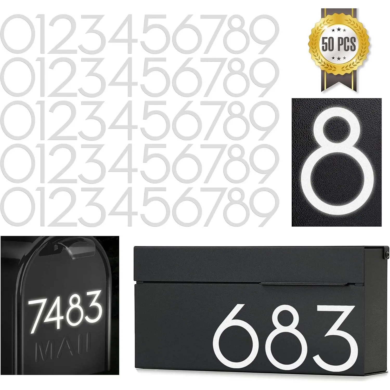 2 inch Reflective Mailbox Numbers Sticker (0-9, 5 Sets) Modern Number Vinyl  Number Self Adhesive Sticker for Signs, Door, , , Home, Address Number
