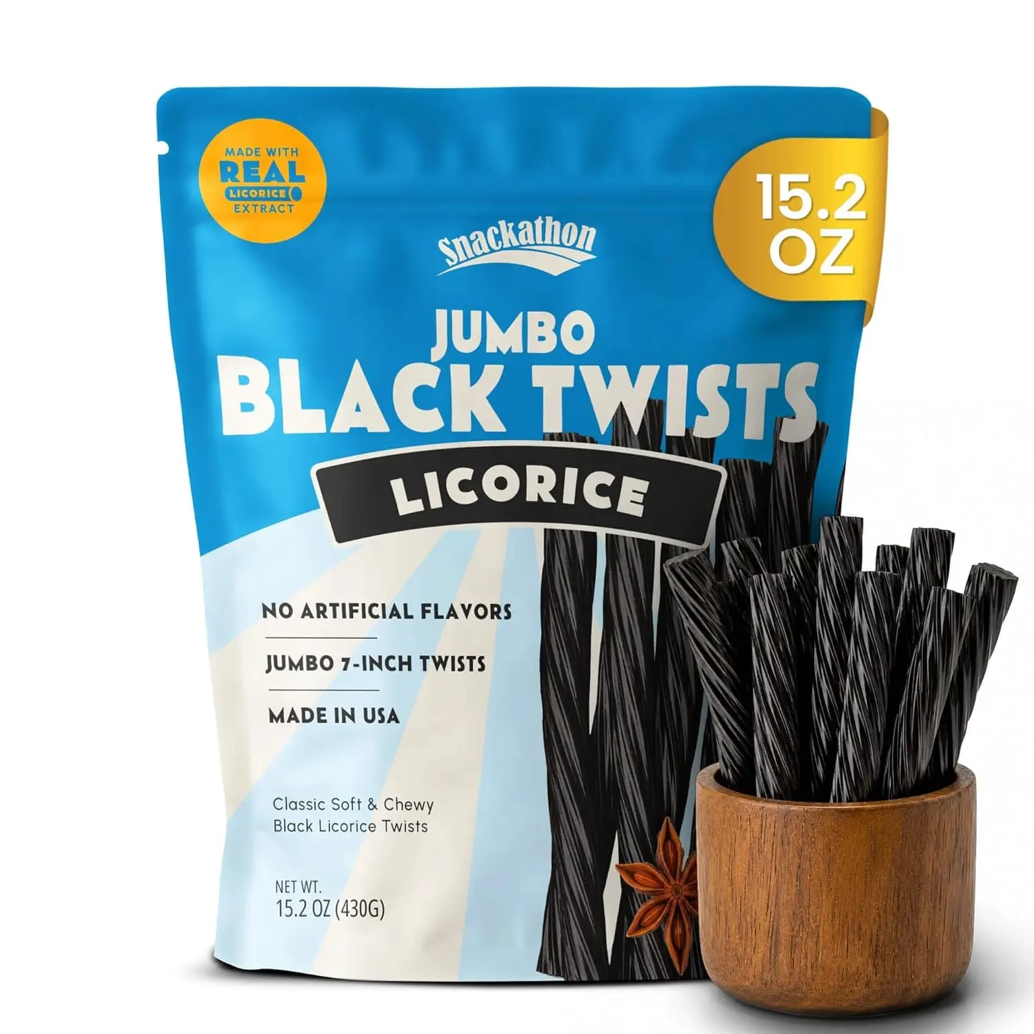 Snackathon Jumbo Black Licorice Twists, Resealable Bulk Bag, 7-inch Chewy Gourmet Licorice Ropes, Classic Old-Fashioned Candy Sticks for Parties, Snacking & Candy Jars, Made in USA